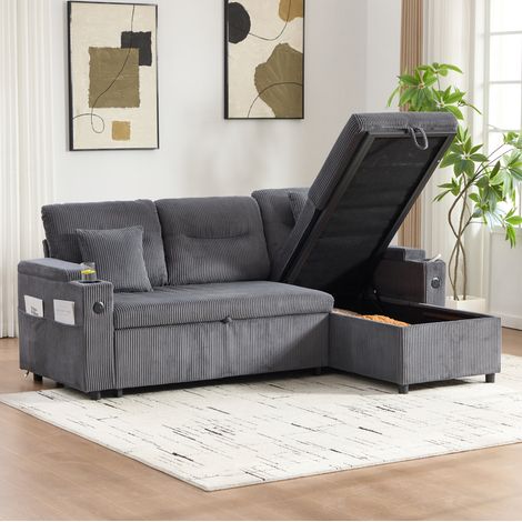 Divano letto 3 posti con chaise longue contenitore, USB-C, portabicchieri, grigio HAVRYA (1/5)