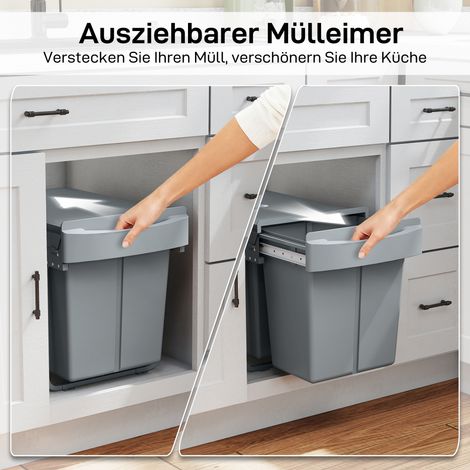 Poubelle coulissante 2 x 20 L, bacs amovibles, double compartiment, gris, métal et plastique (1/4)