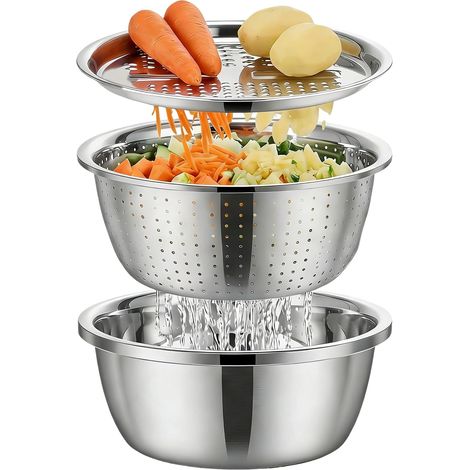 Bol de Lavage en Acier Inoxydable Égouttoir et Râpe - Set de Passoire et Égouttoir 26 cm - pour Cuisine Maison Appartement Salle à Manger Préparation des Repas Lavage des Légumes Fruits et (1/5)