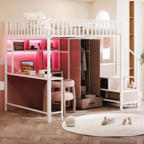 Lit mezzanine 140/200 cm blanc en métal avec bureau, armoire et éclairage intégré (1/5)
