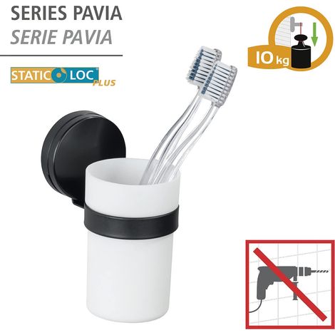 Porte Brosse à Dent mural, Gobelet salle de bain mural fixation sans perçage, adhérence statique, Acier Plastique, 6x12x9 cm, Noir Blanc (1/5)