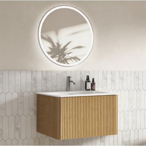 Meuble de salle de bain suspendu 61 cm avec vasque et miroir LED rond 60 cm, chêne, OKMYHOME (1/5)