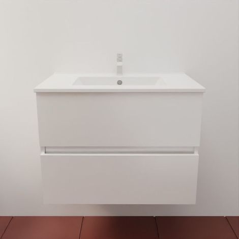 Cuisibane – Meuble double vasque suspendu 70 cm – Inox blanc mat – Plan vasque céramique 71 cm – 2 tiroirs avec charnières amortisseurs