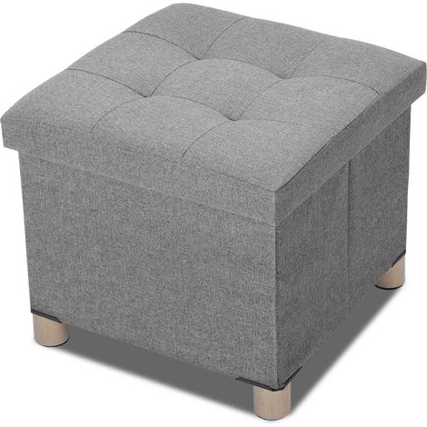 Puf de Almacenaje Plegable, Taburete Cuadrado con Cojín de Lino Gris y Patas de Madera 38x38x35cm – Ideal para Salón (1/5)