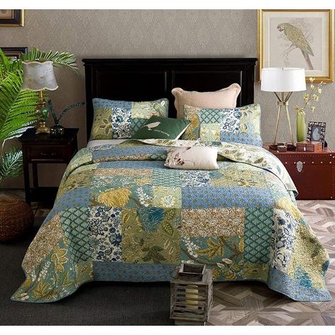 Qucover Cotton Boutis Bedspread Patchwork Bedspread with 2 Pillowcases 50 x 70 cm in Floral Pattern Quilt Large Decorative Handmade Decoration Green 230 x 230 cm (1/5)