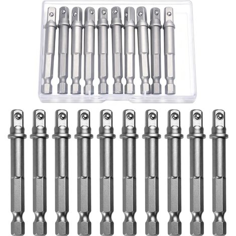 10 Adaptateurs Douille Impact 1/4 Pouce Carré 65mm Queue Hex 1/4 Acier Cr-V Boîte Pour Visseuse Perceuse (1/4)