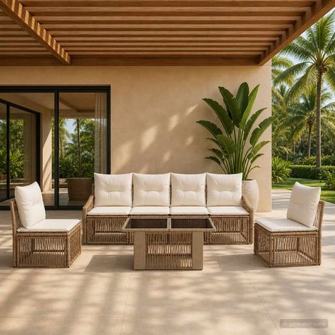 vidaXL Set Divano da Giardino 7 pz Beige e Bianco Crema polyrattan (1/5)