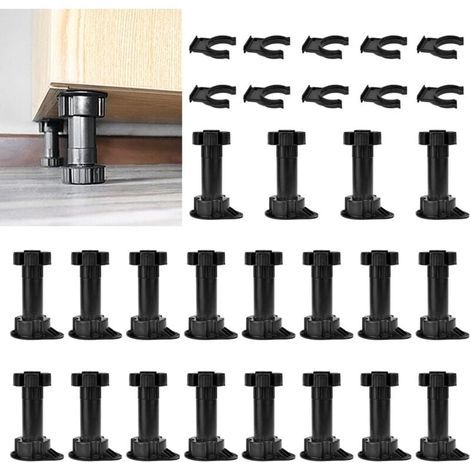 Lot de 20 pieds de meubles réglables, pieds de meuble noirs 100-120 mm en plastique avec 10 clips pour plinthes, pieds de table ajustables pour armoires, cuisine, canapé et mobilier (1/4)