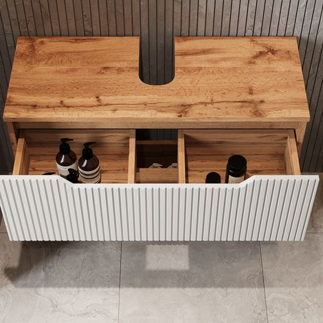 Mueble bajo lavabo Lotta, Roble/rayas blancas, 79.6 x 62.5 cm con 2 cajones, Vicco (1/5)