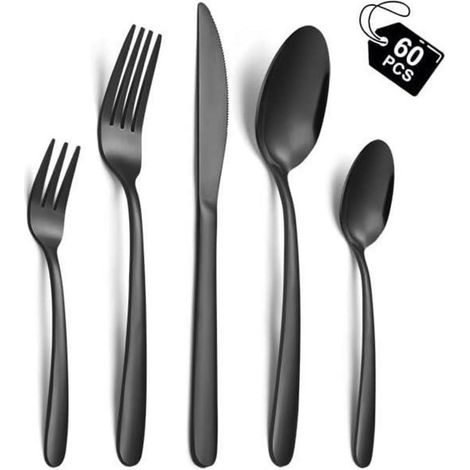 Besteck Set 12 Personen Edelstahl Gabeln Löffel Messer Schwarz 60pcs (1/5)
