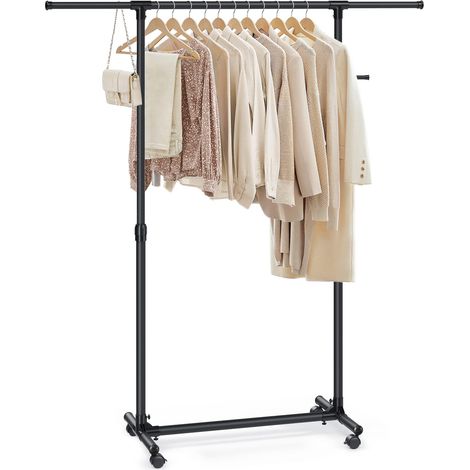 SONGMICS Stand Appendiabiti con Ruote, Attaccapanni, Altezza Regolabile 97-165 cm, Barra Estensibile, Ganci Laterali per Accessori, Nero LLR001B01 (1/4)