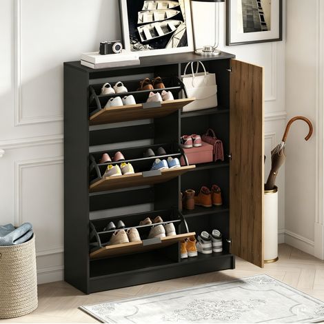 Scarpiera 100x30x130 cm con 3 ante a ribalta e 1 anta, soluzione salvaspazio per l'ingresso, in MDF naturale e nero (1/5)