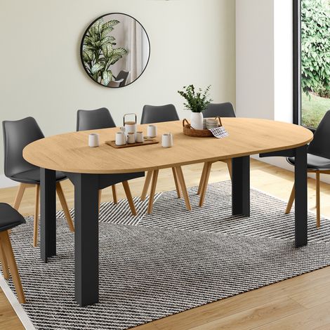 DONA Mesa de comedor redonda extensible para 4-10 personas, negra, tablero efecto haya 110-200 cm (1/5)