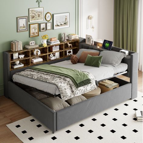 Letto imbottito multifunzione 140x200 cm in velluto grigio scuro, con testiera USB/Type-C, luce notturna e vano contenitore idraulico (1/5)