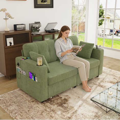 Canapé 2 places 172x75x82 cm olive en chenille avec rangement, ports USB et porte-gobelets (1/5)