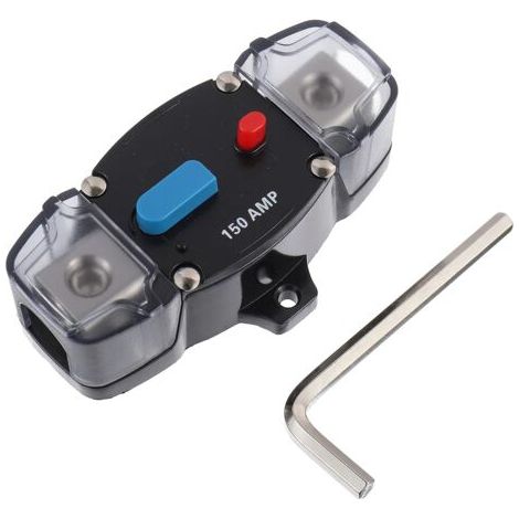 Disjoncteur à réarmement automatique 150 A 12-48 volts CC avec bouton de réarmement manuel pour applications automobiles, camping-cars, marines et bateaux. (1/5)