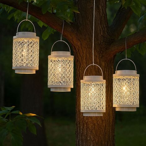 Lampada solare a sospensione lampade solari per la decorazione di giardini all'aperto lanterna orientale, metallo bianco, orientale, LED, DxH 13x18 cm, set di 4