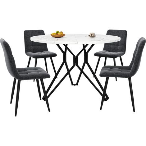 Ensemble table à manger ronde 5 pièces 100 cm avec 4 chaises en tissu gris, plateau effet marbre MDF et piètement métal noir pour cuisine moderne – CHICFURN (1/5)