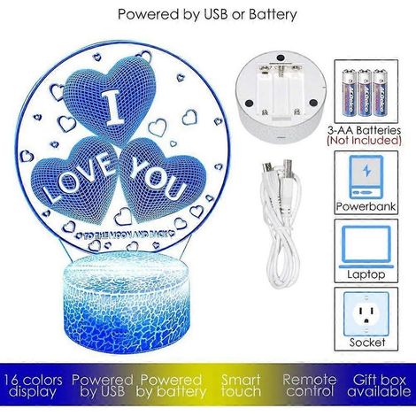 Veilleuse 3D « Je t'aime », cadeau de Saint-Valentin, lampe de chevet LED avec 16 modes de couleurs et télécommande tactile pour femmes et filles