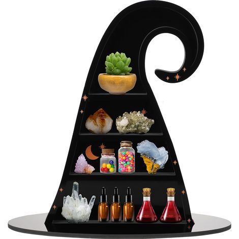 Estantería gótica de cristal con forma de sombrero de bruja – Soporte decorativo de PVC negro – 38 x 26 cm (1/5)