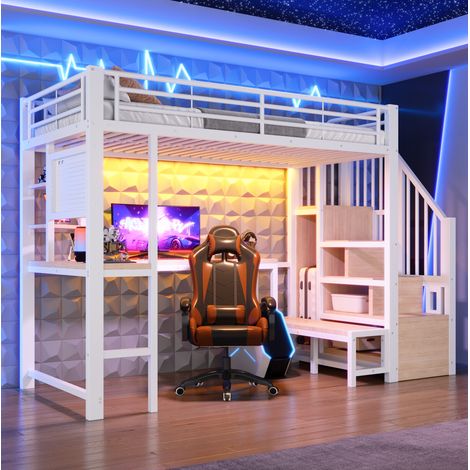 Cama alta de 90 x 200 cm: cama elevada blanca con escritorio integrado, estación de carga USB-C, panel perforado, estantes y tira de luz LED. (1/5)
