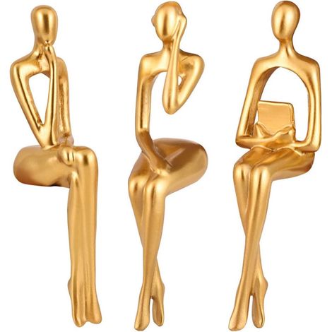 Ensemble de 3 statues de penseur ornées d'ornements dorés d'art abstrait moderne