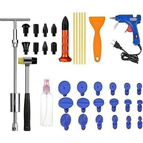Questo kit di riparazione ammaccature resistente include un estrattore a martello a forma di T e un adesivo ad alta viscosità per riparare in modo affidabile le ammaccature sulla carrozzeria delle aut