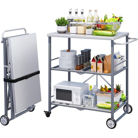 YODOLLA Folding Kitchen Trolley 3 Tiers Rolling Cart,Foldable Storage Shelves with Wheels & Handles, Metal Steel Shelves for Kitchen Laundry Bathroom Garage, Grey