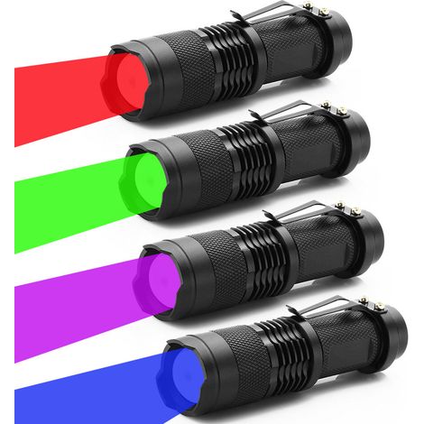 Vier Mini-LED-Taschenlampen mit einstellbarem Fokus und wasserdicht, mit Clips, grünem/rotem/violettem/blauem Licht, geeignet für Camping, Nachtangeln, Wandern, Nachtsicht, astronomische Beobachtung, 