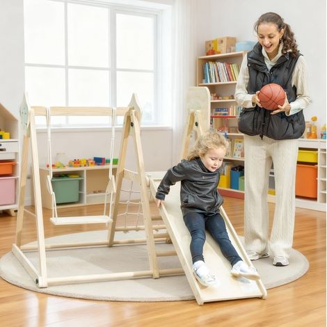 Structure d'escalade enfant 140x72,5x116,5 cm en bois naturel, gain de place pour chambre FloraGrace (1/5)