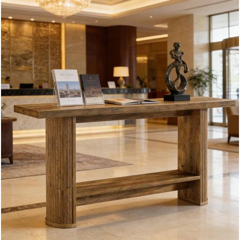 Mesa consola marrón de madera de ingeniería con diseño estrecho y uso versátil (1/5)