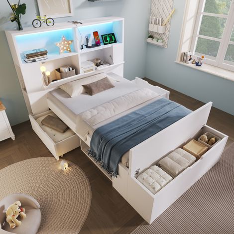 Bett 90x200 Stauraum Holz mit LED USB und Regalen HAVRYA (1/5)