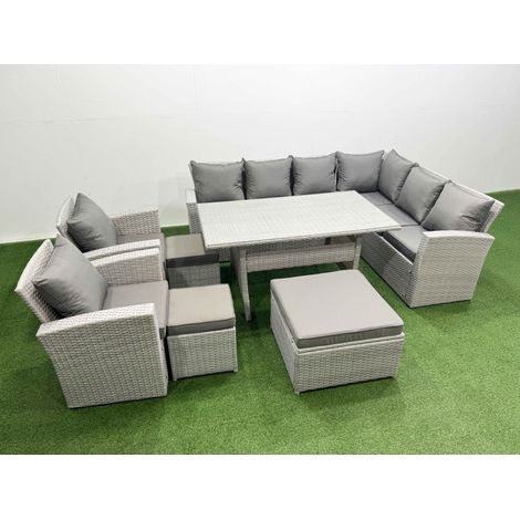 Fimous Rattan Garden Furniture Set Outdoor 11 Seater Patio Dining Corner Sofa Sets with Dining Table Chair 3 Footstools Light Grey Mixed (1/4)