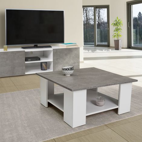 Mesa de centro cuadrada blanca ELI con tablero efecto hormigón (1/5)