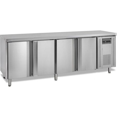 Table comptoir inox ventilée positive 460 Litres, 4 portes pleines GN 1/1, sans dosseret, 300 W, 220 V - MONO