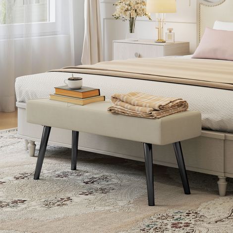 Poggiapiedi multifunzionale con gambe in acciaio e seduta imbottita per ingresso, 100x36x45 cm, colore bianco crema. (1/5)
