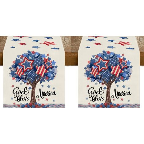 Camino de mesa con estrellas y árboles y la frase "Dios bendiga a América", decoración patriótica para cocina y comedor (33 x 183 cm) (2 piezas) (1/5)