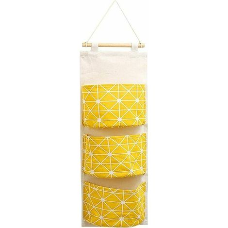 Sac de rangement suspendu, sac de rangement mural multicouche pratique, sac de rangement imperméable en coton et lin (jaune)- (1/3)