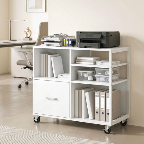 Blanc - Meuble d’imprimante doté de roues Table d’imprimante avec étagères ouvertes et tiroir pour documents Format A4