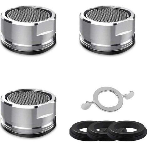 Lot de 3 aérateurs de robinet M24 en acier inoxydable, pour salle de bain et cuisine. Comprend 4 rondelles et 1 clé à robinet. (1/4)