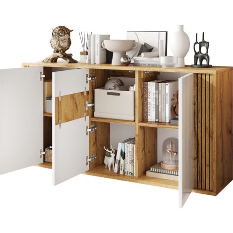 Buffet avec 3 Portes sans Poignées, 6 Compartiments, Ouverture Push, MDF, Blanc Naturel, 140 x 35 x 71 cm (1/5)