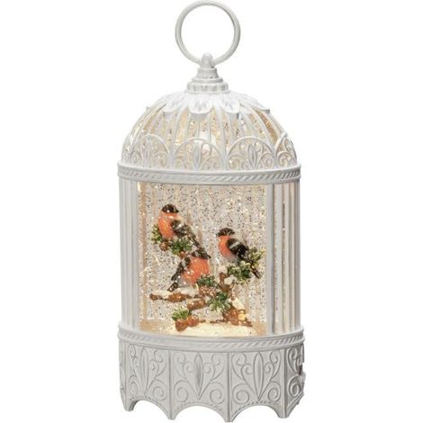Konstsmide Decorazioni LED Snow Globe Gabbia per uccelli/interno, timer 5 ore/funzionamento a batteria 3xAA 1.5V (escl.) o cavo USB (Inc) /Lanterna natalizia 1 diodi bianco caldo, Bullfinchs on Branch (1/4)