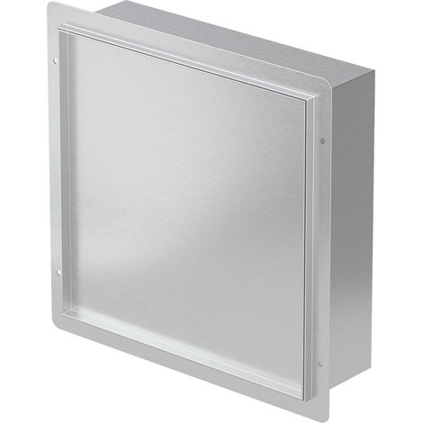 LuxeBath Wandnische Dusche Edelstahl gebürstet mit befliesbarer Tür, 25,5x25,5x10 cm, Silber, Eingebettete Duschnische wasserdicht, Einbaunische Duschablage randlos, Einzelregal, Badezimmer Lagerung