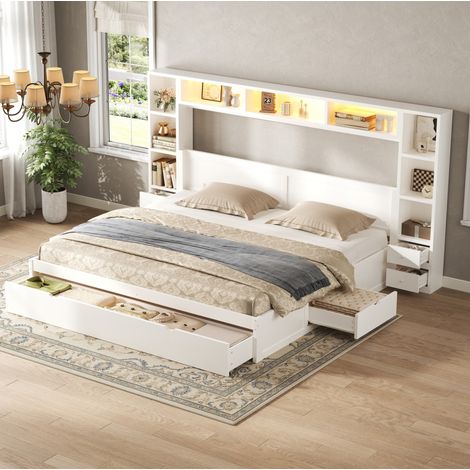 MODFU – Letto matrimoniale 180x200 cm in MDF/compensato con LED 7 colori, 7 cassetti, testiera libreria e carico 200 kg – Bianco (1/5)