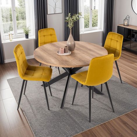 M&S – Ensemble table ronde naturel 120x120cm + 4 chaises velours jaune moutarde – Plateau panneaux de particules – Piétement métal