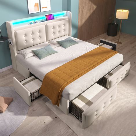 Cama doble tapizada con LED USB estantes y 4 cajones OKMYHOME (1/5)