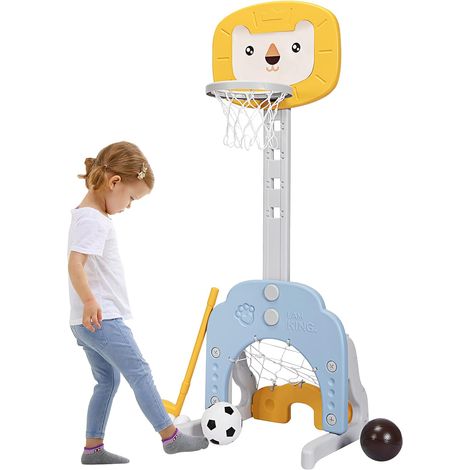 GOPLUS 3 en 1 Panier de Basket Enfant,Panneau de Basket Intérieur Hockey, Golf,Football, 5 Niveaux de Hauteur Ajustable, Jeux de Basket pour Enfants, Inclus Basketball, Football et Golf (Bleu+Jaune) (1/5)