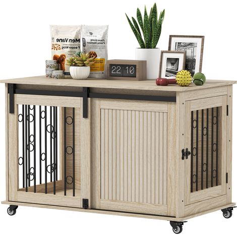 Gabbia per cani su ruote, porta scorrevole, 100 x 56 x 65 cm, legno, acciaio