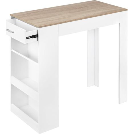 WOLTU Tavolo Alto da bar con 1 Cassetto e 3 Ripiani in Legno Ingegnerizzato 100 x 50 x100 cm,Bianco+Rovere Chiaro (1/5)