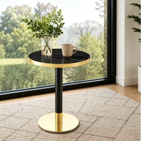 Table d’appoint ronde 60x73,7 cm, plateau effet marbre noir, bord doré, pied central en métal, pour salon (1/5)